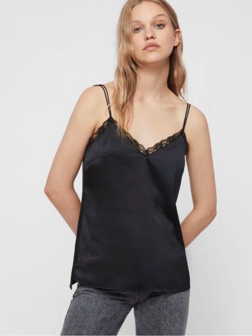 Allsaints Black lace cami top with lace trim & adjustable straps | Size Small